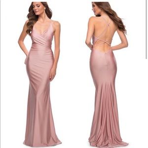 LA FEMME Jersey Faux Wrap V-Neck Open Back Pink Mauve Gown Dress
